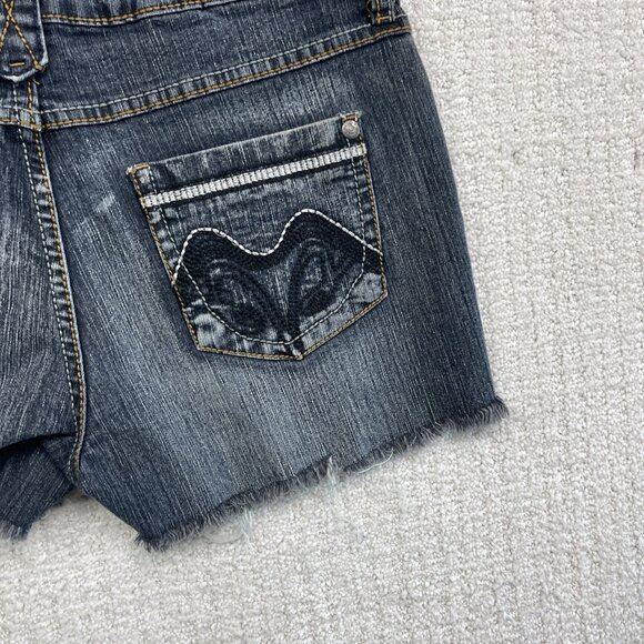 Y2K Suko Jeans Women Sz 7 Jean Shorts Denim Dark Blue Silver Distressed Cutoff - Picture 12 of 13